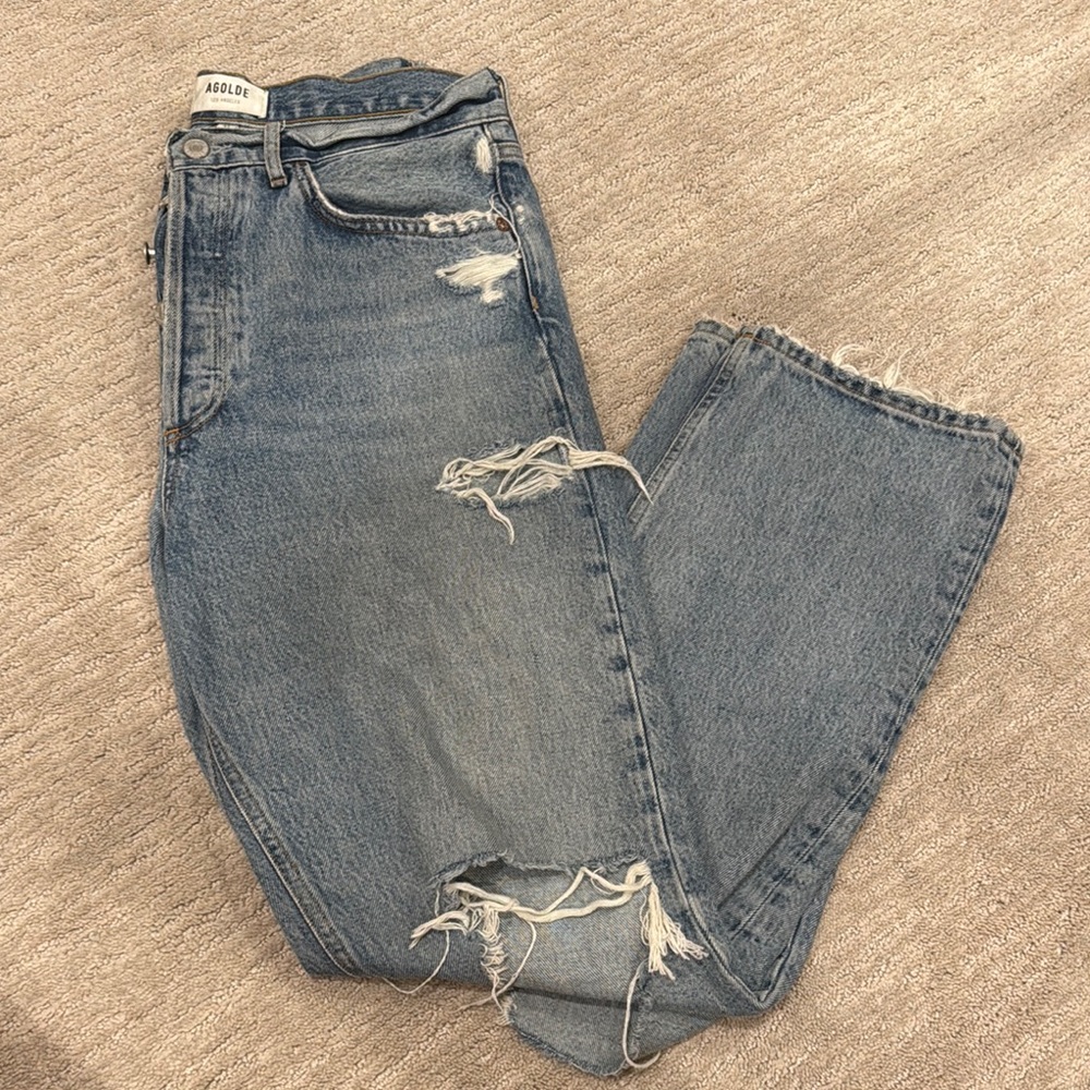 Agolde Blue Distressed Straight Leg Jeans - Picture 4 of 4